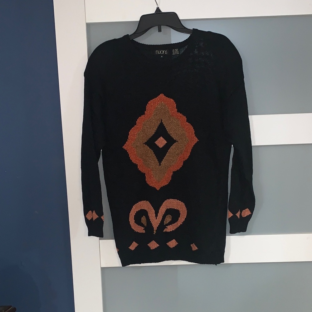 NUX Women's Black and Orange Patterned Sweater